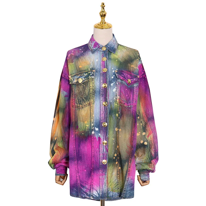 

High Fashion Chic Printed Dyed Single-Breasted Lapel Street Denim Jacket Oversize Top Brand Design Runway Women Clothes 2021