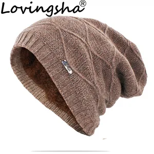 Lovingsha Искусственный мех вязаная шапка Для мужчин шапочки капот Шапки для Для мужчин Для женщин шапочка Для мужчин теплые мешковатые вязать Skullies зимняя шапка шапки HT045