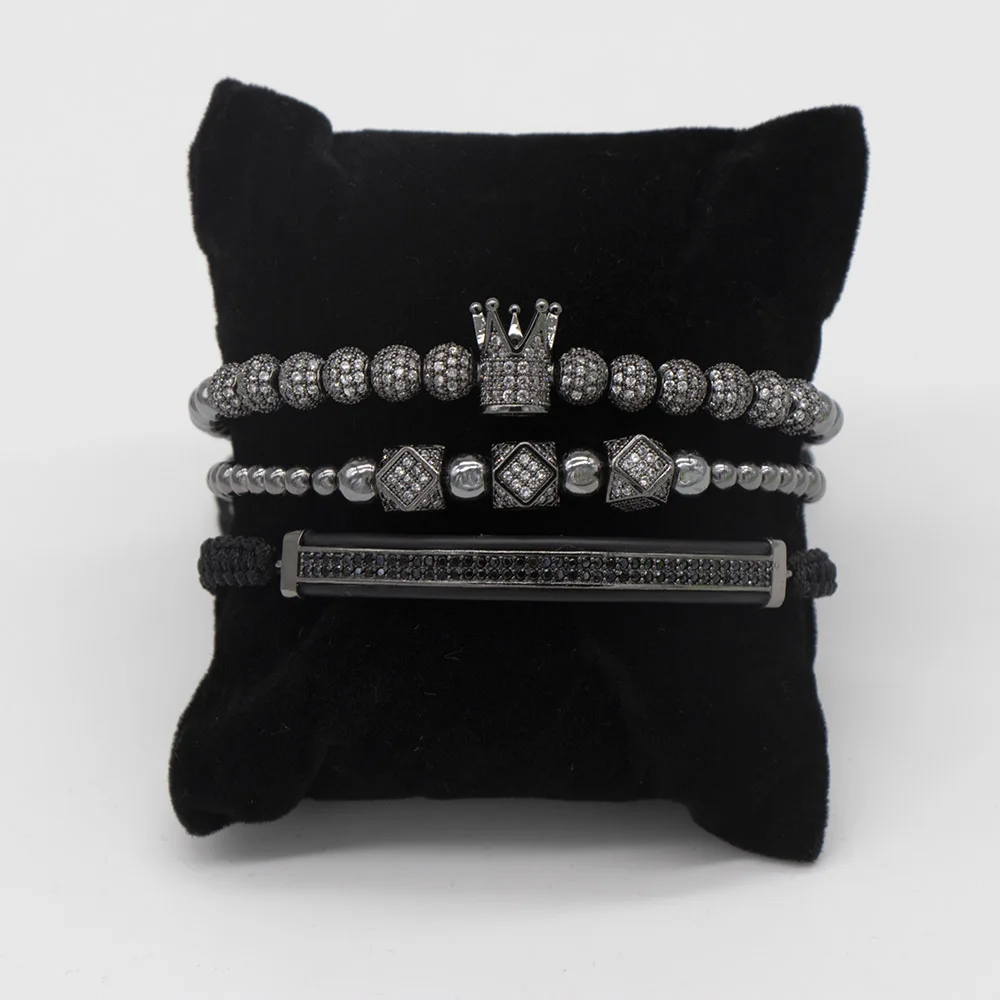 3pcs set black Мода роскошный Римский Королевский браслет с шармом с короной для мужчин Золотой Плетеный Регулируемый мужской браслет для хип хоп ювелирный подарок - Metal Color: 3pcs set black
