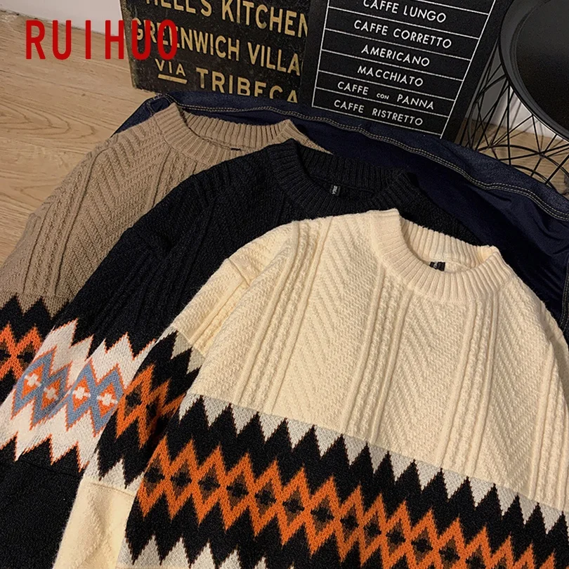 

RUIHUO Striped Sweater Men Clothing 2021 Fashion Harajuku Sweaters Pullover Mens Sweater For Men Korean Clothes M-2XL