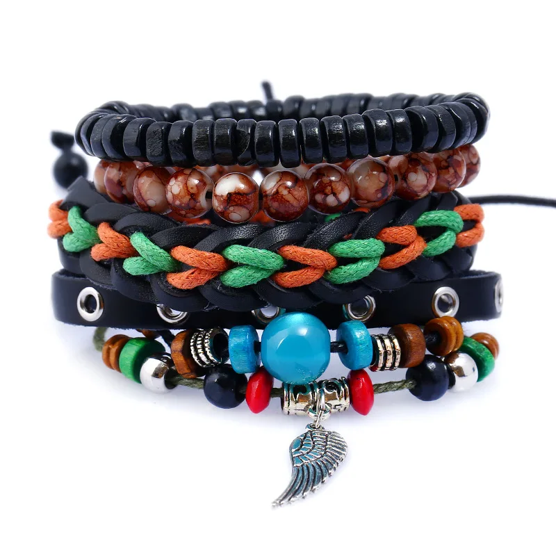 4pc Multilayer Genuine Leather Bracelet Set Feather Leaf Charms Wooded Beads Bracelets for Men Women Vintage Punk Wrap Wristband | Украшения