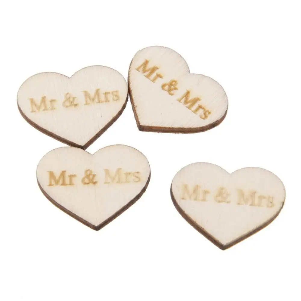 

50pcs Wooden Love Heart Wedding Party DIY Craft Accessories Mini lovely Natural Wood Chip Decorations With Characters Mr & Mrs