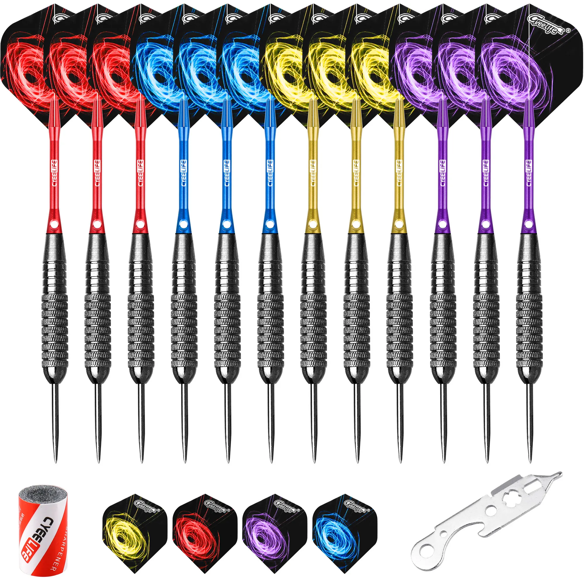 

CyeeLife 22/28g Steel tip darts Professional 12 Packs,12 Aluminium Shafts 4 Colors+Tool+Sharpener+12 Flights+Gift packaging
