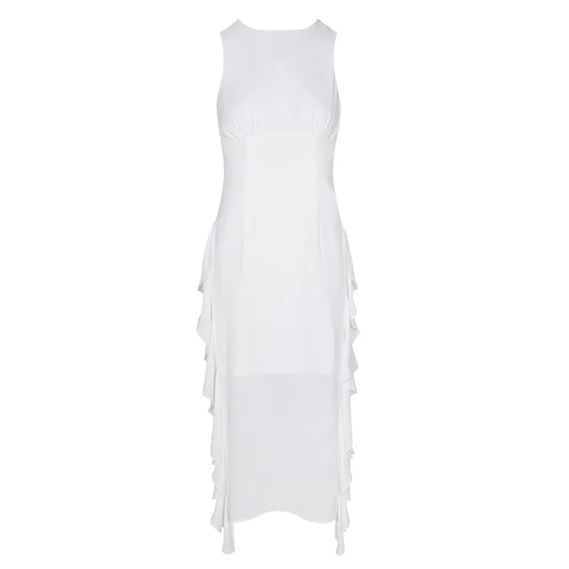 

Boat Neck Sleeveless Ruched Empire Waist Cascading Ruffles White Chiffon Midi Dress