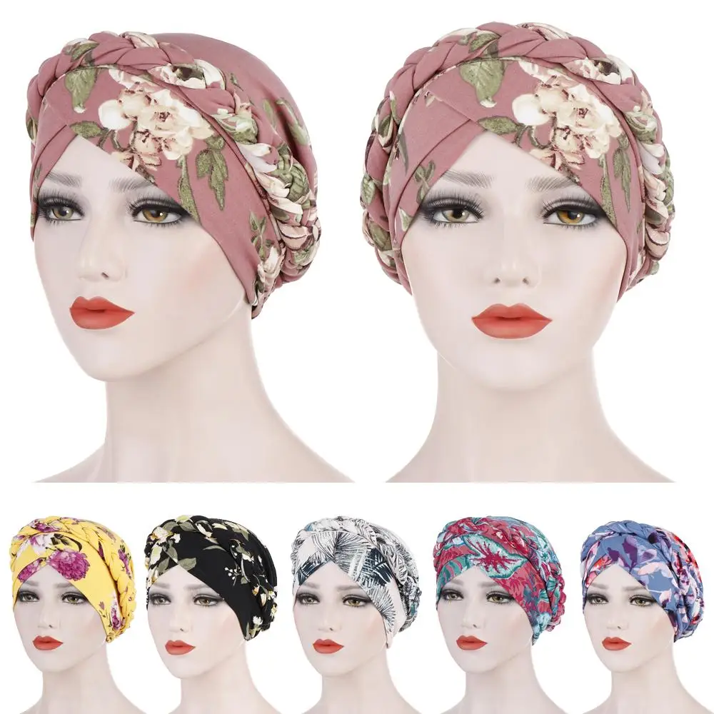 

Women Braid Flower Printed Cancer Muslim Head Scarf Turban Hat Headwrap Cover​ Chemo Cap Hair Loss Ethnic Beanie Skullies