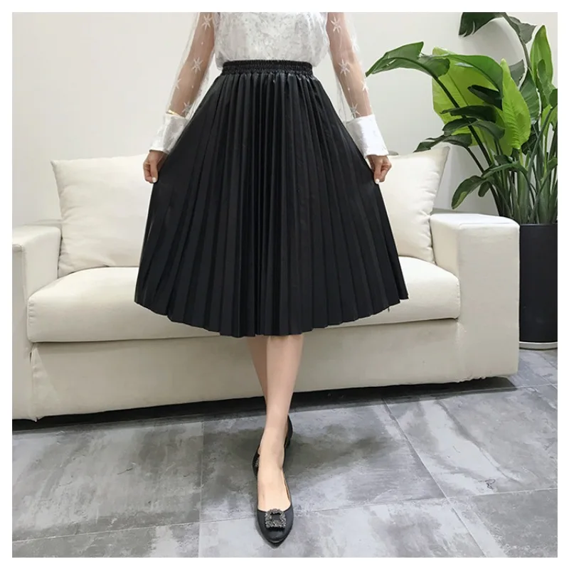 

PU Skirt Women 2019 Autumn Winter Midi Long Korean Elegant Pleated High Waist Leather Skirt Female A line Office Skirt