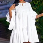 Женское белое платье 2022 VONDA, сексуальное, с рукавом 34, с расклешенными рукавами, простое вечернее платье, пляжный сарафан, повседневные платья