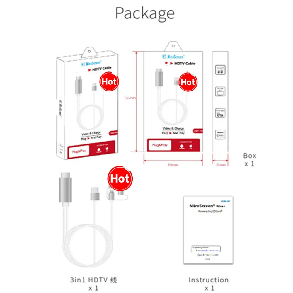 

1080P HD LD6M-3M Plug and Play Miracast DLNA Airplay 3 in 1 HDTV Cable Type C/Micro USB Connector For IOS Android