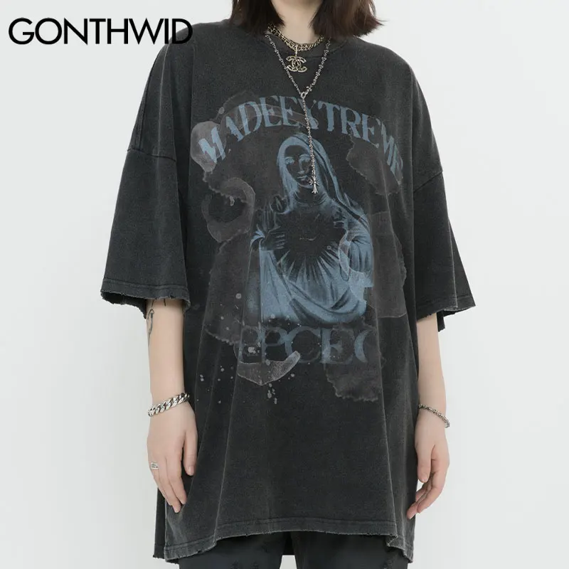 GONTHWID Oversized Tshirts Distressed Virgin Mary Print Tshirts Streetwear Hip Hop Harajuku Hipster Cotton Loose T-Shirt Tops