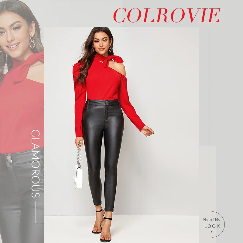 COLROVIE, Красный Асимметричный топ с вырезом и узлом, Женский Топ с пышными рукавами, стильные женские топы, осенние элегантные сексуальные футболки