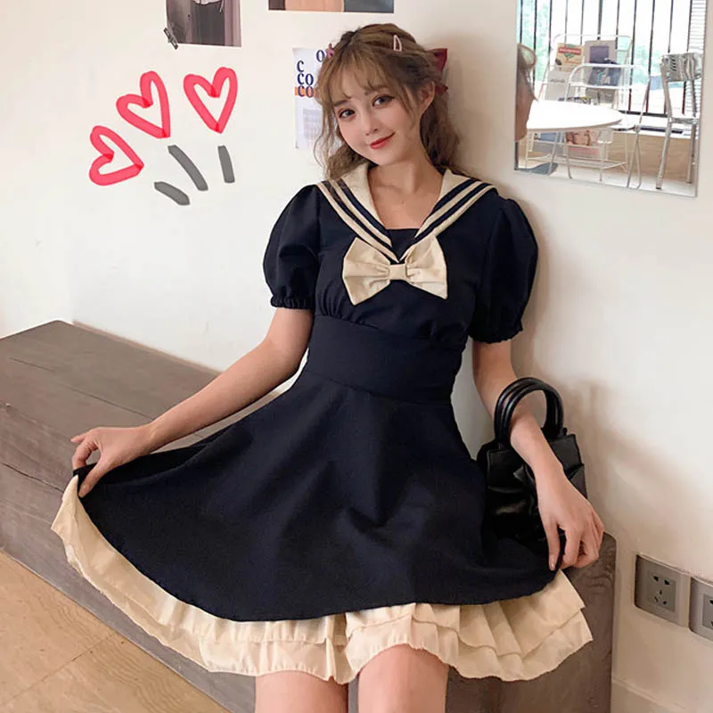 

Japanese Preppy Style Women's Dress Kawaii Cute Ruffles Mini Dress High Waist One Piece Korean Navy Collar Bow Pleated Dresses