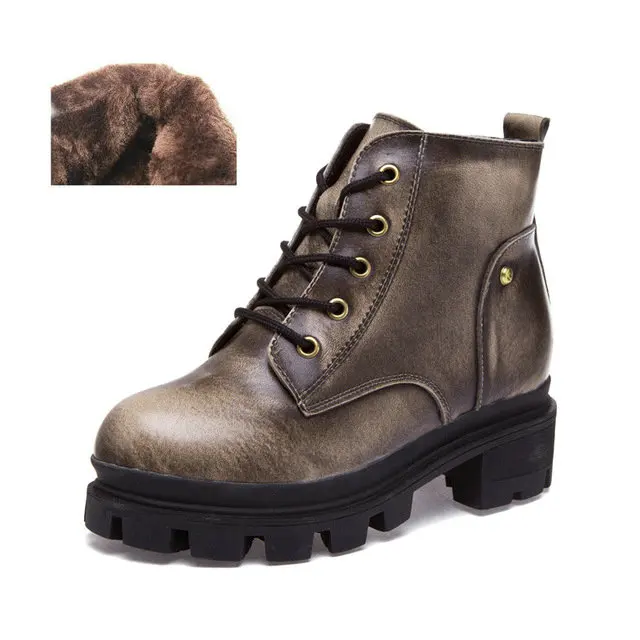 Bronze -Fur Inner Новые ботинки из натуральной кожи на толстом каблуке в английском стиле; сезон осень-зима; женские Ботинки martin на высоком каблуке со шнуровкой; короткие ботильоны на толстом каблуке - Цвет: Bronze -Fur Inner
