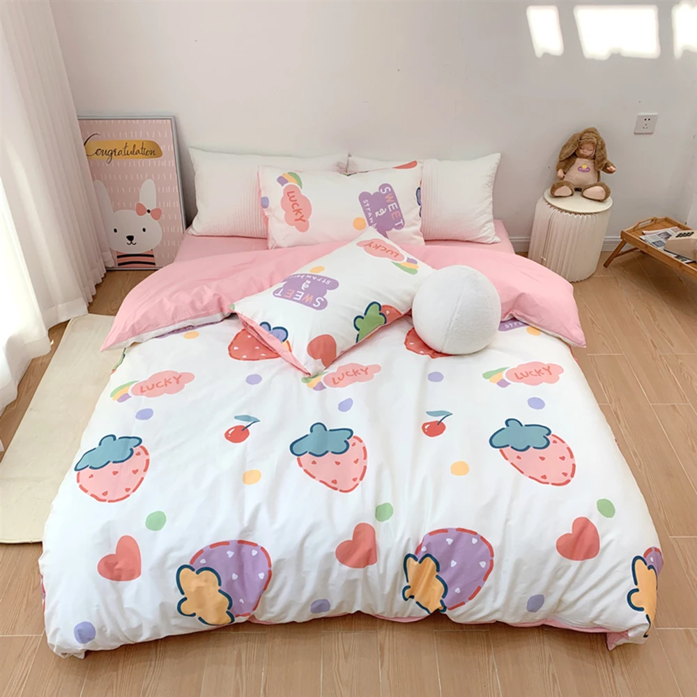Kawaii Strawberry Bear Bedding Set For Home Cotton Twin Full Queen Size Duvet Cover Fitted Bed Sheet Pillowcases For Kids Girl