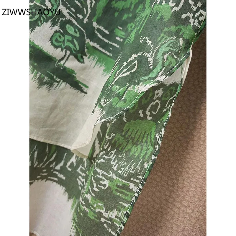 

ZIWWSHAOYU 2021 Summer Woman Fashion Cotton Green O-Neck Long Sleeve Office Lady A-Line Female Plant Printing Mini Shirt Dresses