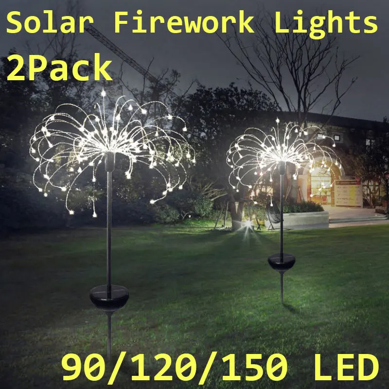 

2-Pack Outdoor Solar Powered Lamp Sunlight Grass Fireworks Lights 90/120/150 LED Landscape Holiday Light for Garden Decoration