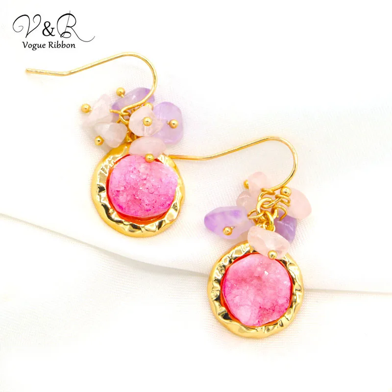 Синие розовые натуральные Подвески Друза кварцевые серьги-капли серьги с