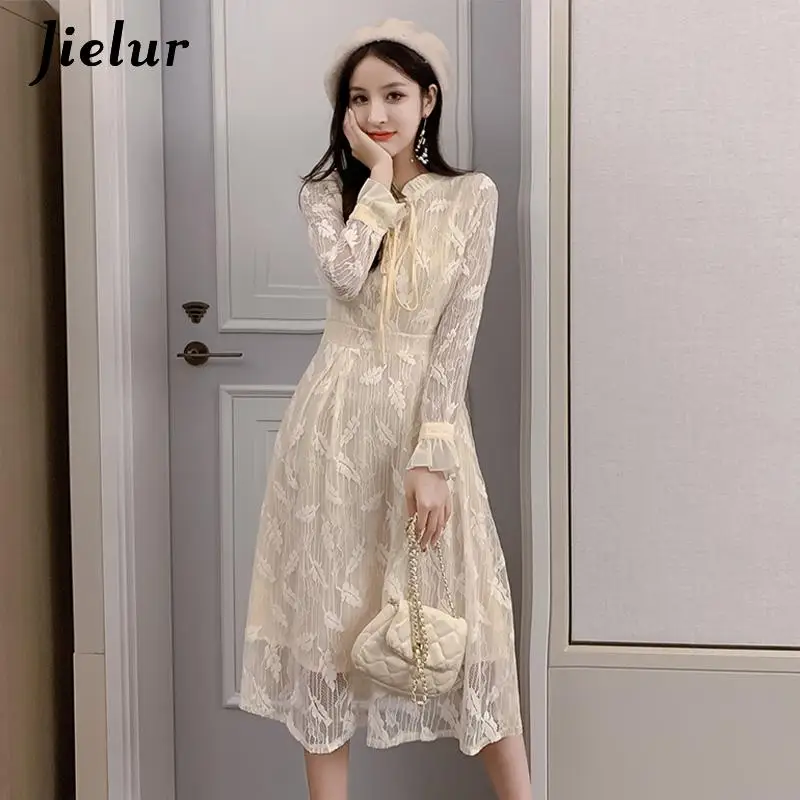 

Женское кружевное платье с длинным рукавом Jielur абрикосовое приталенное платье средней длины в Корейском стиле для вечеринок