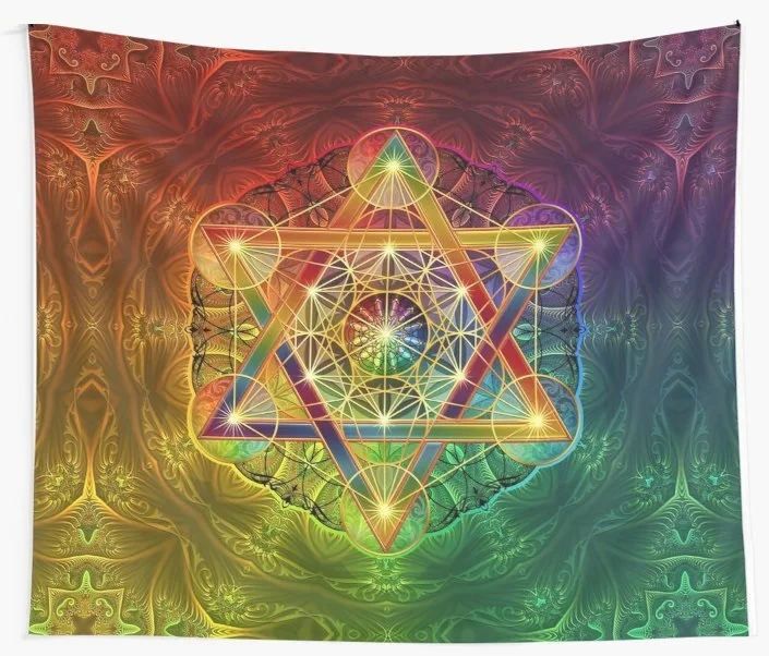 

Metatron's Cube with Merkabah and Flower of Life Tapestry Psychedelic Colorful Wall Hanging Tapestries Dorm Wall Art Yoga Mat