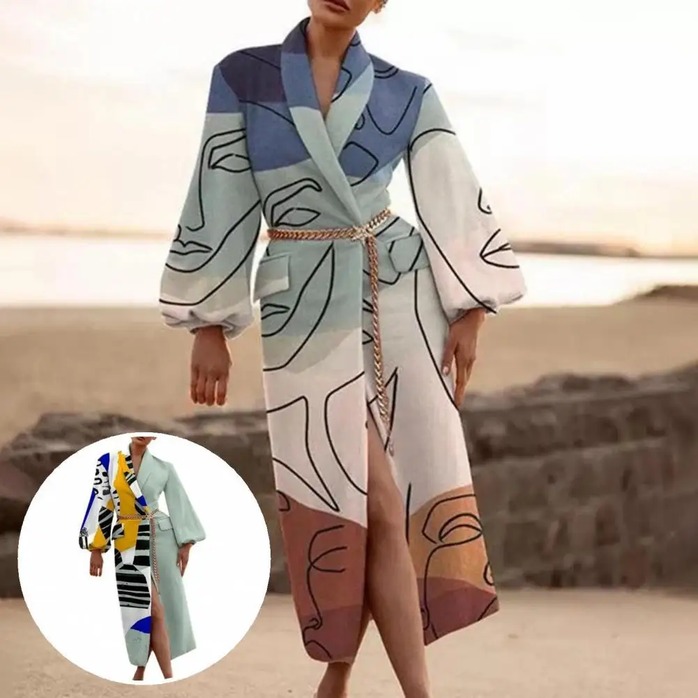 

Женское повседневное пальто, модное лоскутное пальто с рукавами-фонариками и отложным воротником, Женское пальто с абстрактным принтом