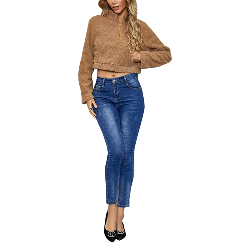 

Womens Hoodies Casual Long-sleeved Sweater Fashion Plush Solid Color Zipper Stand Collar Short Style Top Ladies Sweatshirts