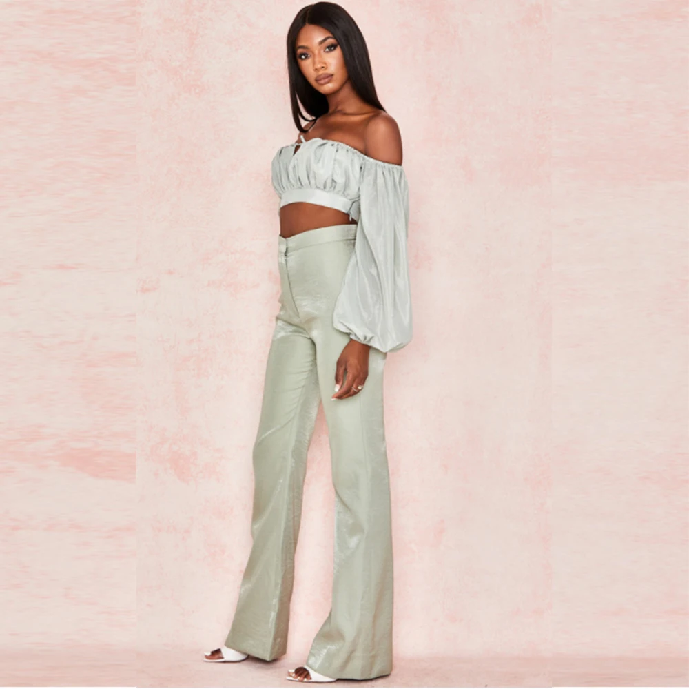 

Deer Lady 2 Piece Set Women 2019 Winter Long Sleeve Top Set Green High Waist Pants Long Sexy Party Pants
