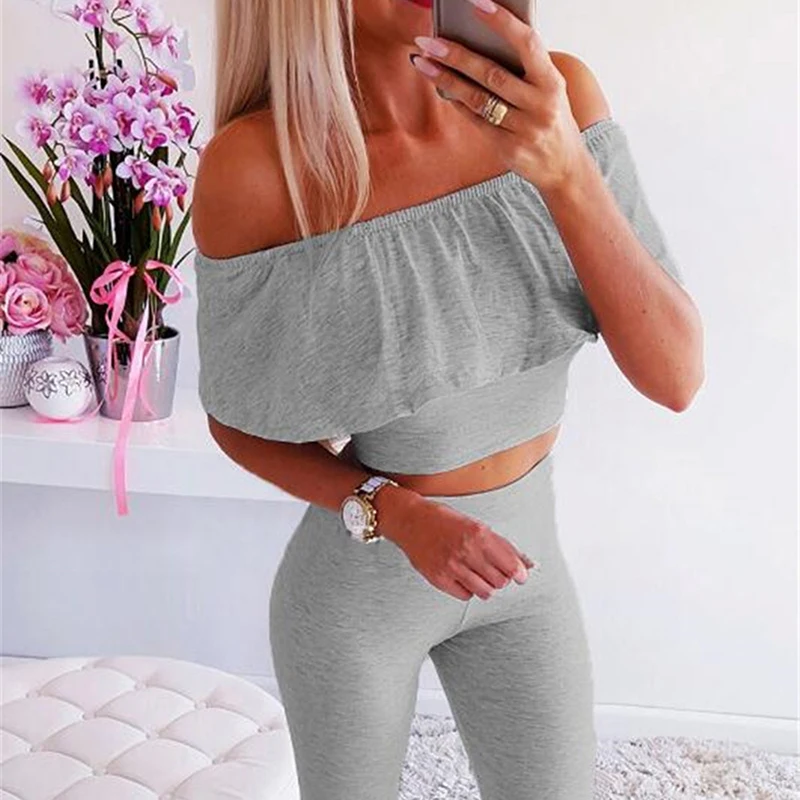 

Women's Sets 2021 Autumn Women's Sets Solid Cold Shoulder Long Pant Casual Pant Suit Set