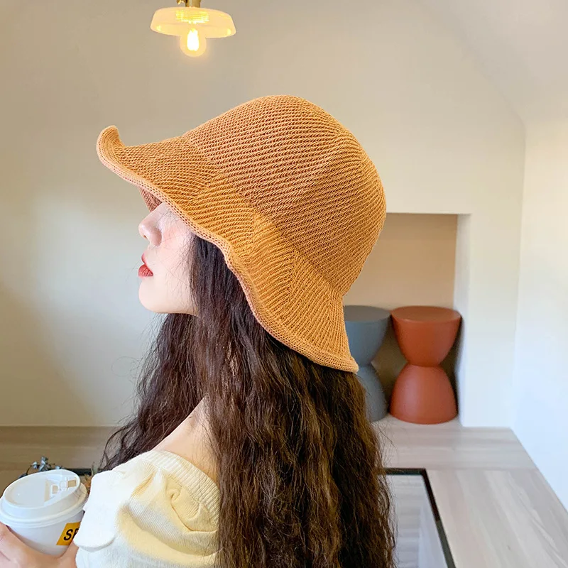 New fisherman hat female knitted Japanese art beach Korean outdoor folding basin sunshade and breathable | Аксессуары для одежды