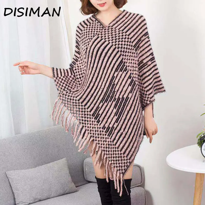 DISIMAN женская зимняя одежда пончо с кисточками женский вязанный большим