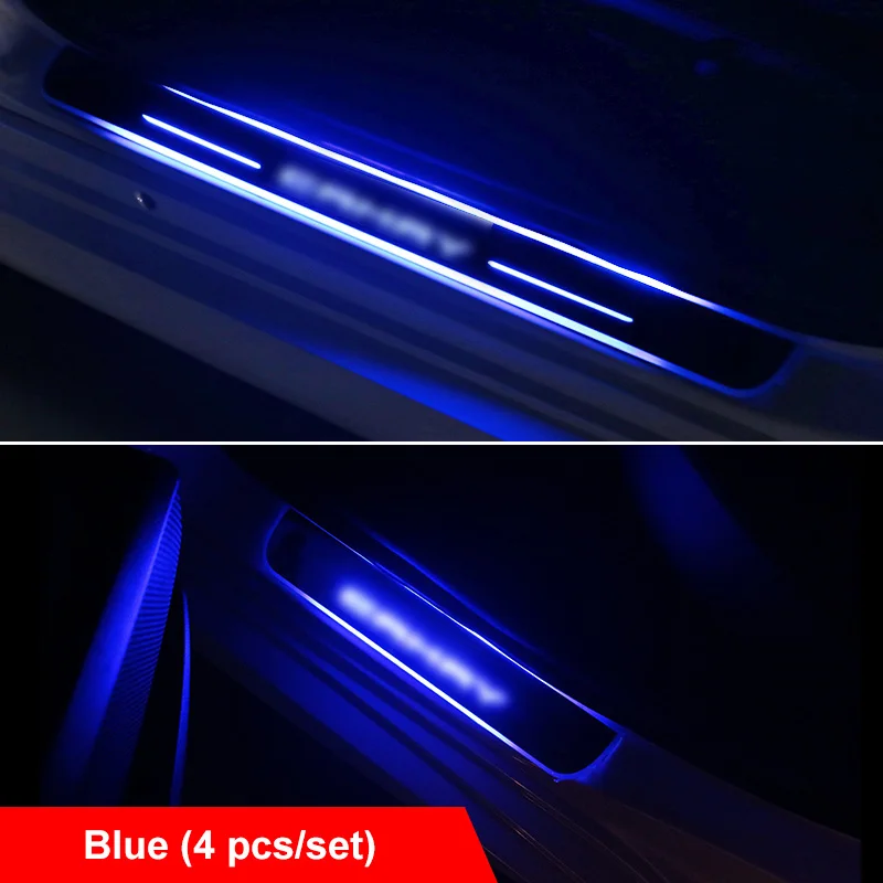 Blue QHCP 4 шт./компл. перемещение светильник светодиодный Добро пожаловать педаль акриловые светодиодные лампы внешний порога пластина прикрытие потертостей протектор для Toyota Camry - Цвет: Blue