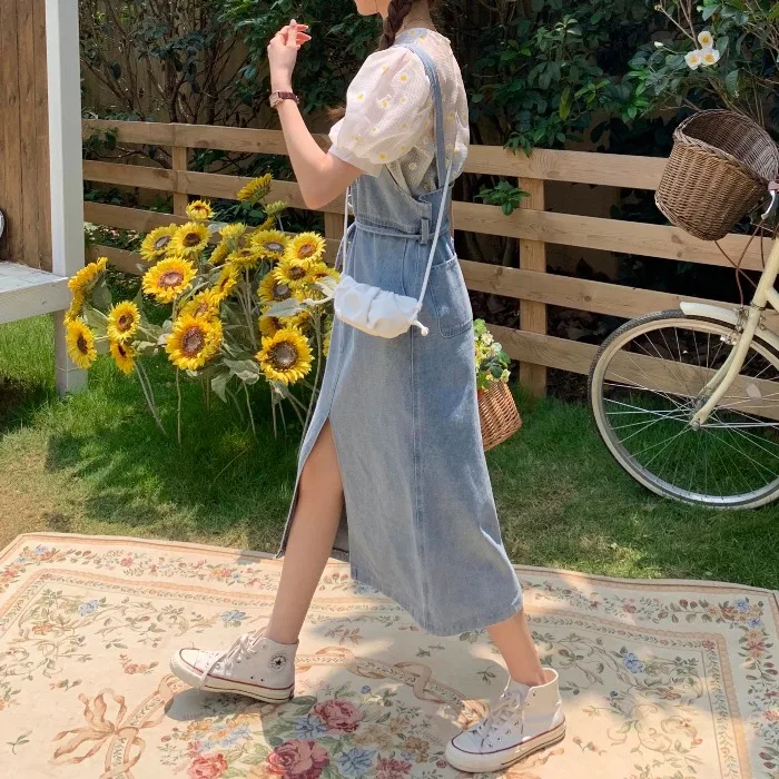 

2021 Popular Split Denim Brace Dress Women's Small Summer Long below the Knee Student College Style New Fashion