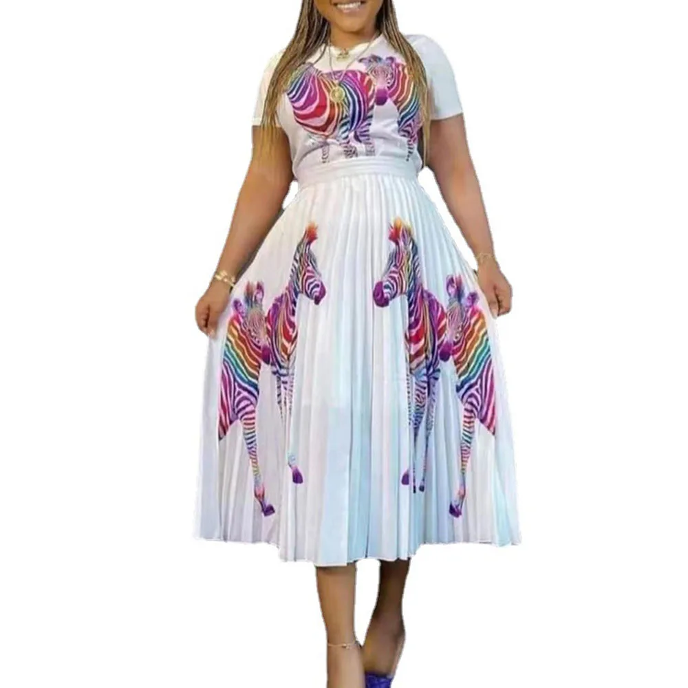 

Europe America Oversize Two Piece Sets Fashion Printing Loose Casual Round Neck High Waist Summer Pleated Summer New 2021