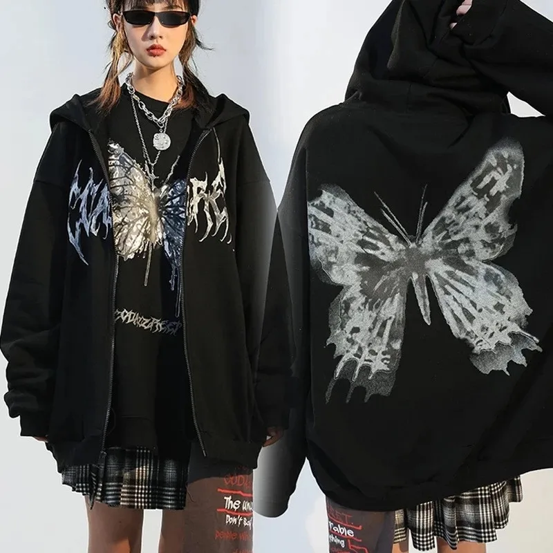 2021 New Y2k Aesthetic Women Hip Hop Hoodies Butterfly Printed Zip-up Jacket  Female Goth Harajuku Grunge Punk Streetwear Coat