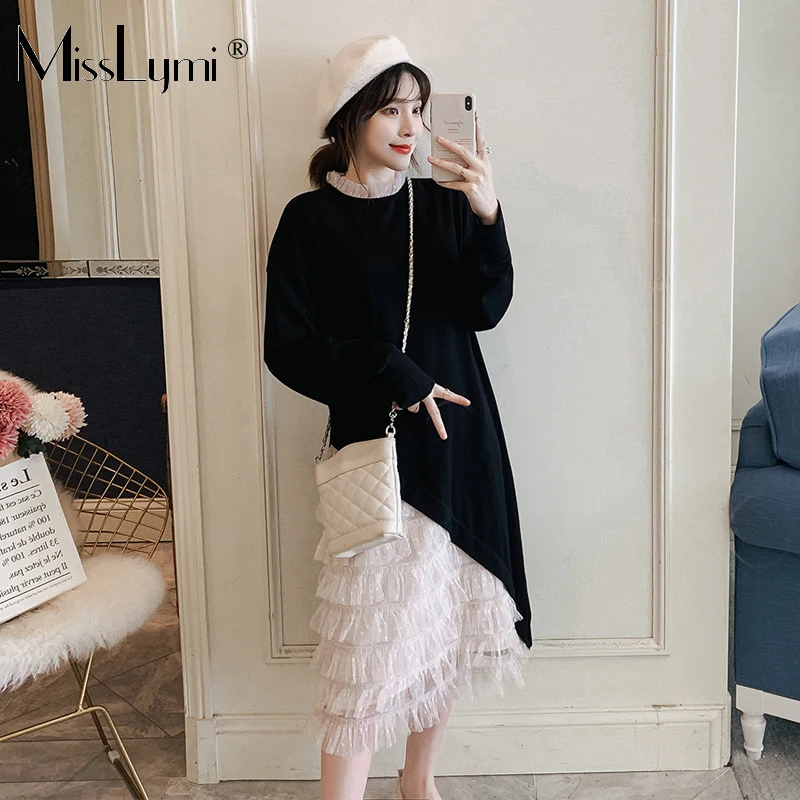 

5XL Plus Size Women Cute Dress Autumn 2020 Fashion Long Sleeve Patchwork Mesh Cascading Ruffle Loose Casual Midi Dresses