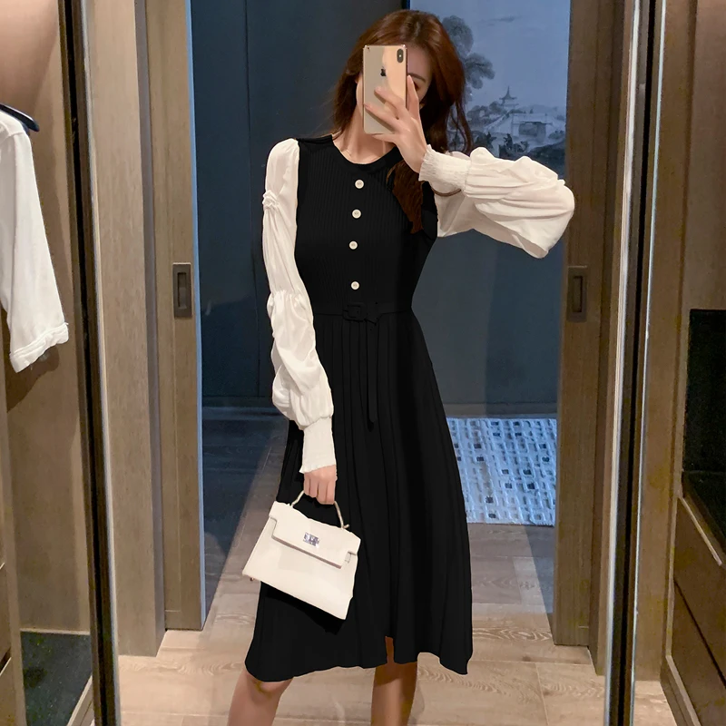 COIGARSAM лоскутное женское цельнокроеное платье корейские новые вязаные платья с