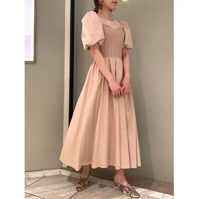 

2021 Summer Chic Hit Color High Waist Silm Dresses Elegant Puff Sleeve Knit Patchwork Woman Dress Fashion Tide New One Piece