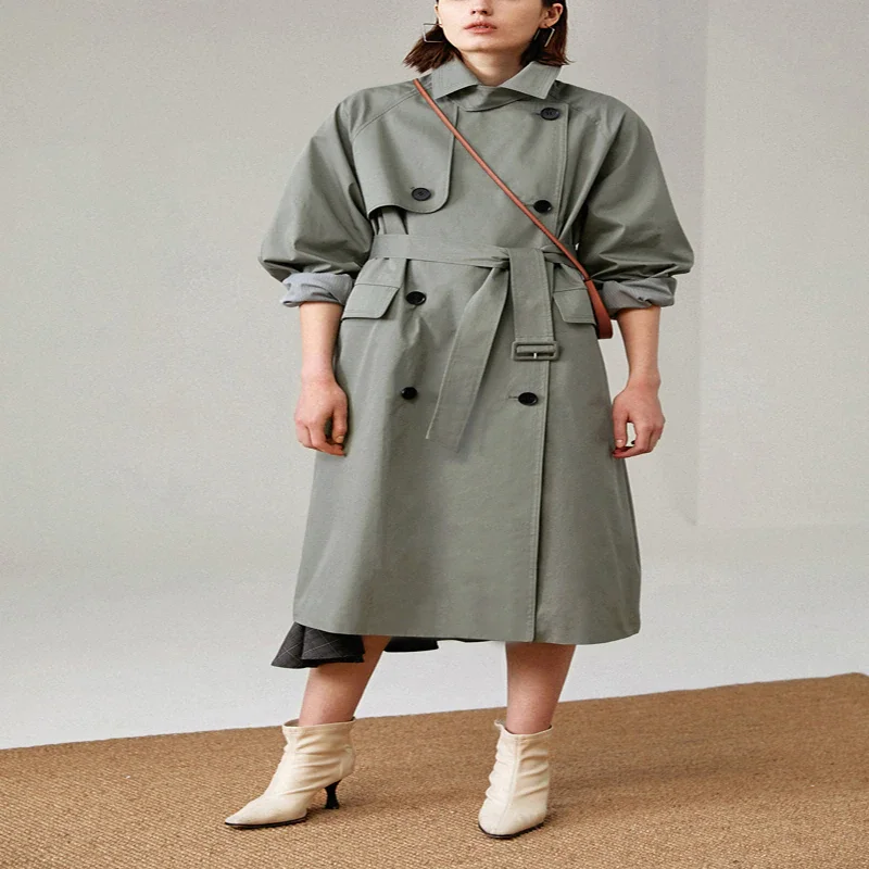 

UK Brand new Fashion 2021 Fall /Autumn Casual Double breasted Simple Classic Long Trench coat with belt Chic Female windbreaker