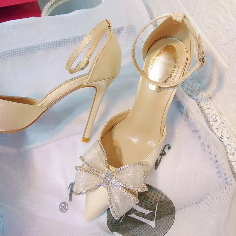 

Sexy Champagne Butterfly Knot High Heel Shoes Cut-out Ankle Strap Shallow Dress Shoes Gladiator High Heels Party Shoes Drop Ship