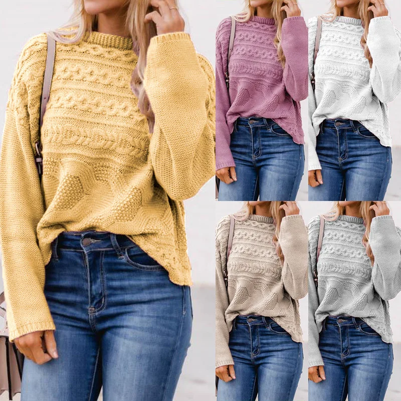 

Women's Sweater Long Sleeve Twist Sweater Round Collar Loose Plus Size Knitted Pullovers Casual Jumpers платья зимние женский