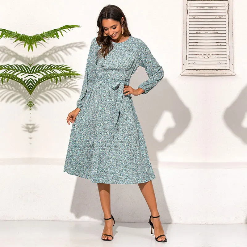 

Sweet Memory Women Spring Summer Autumn Dresses 2021 Bohemian O-Neck Lantern Sleeve High Waist Pleated Dress Female Vestidos