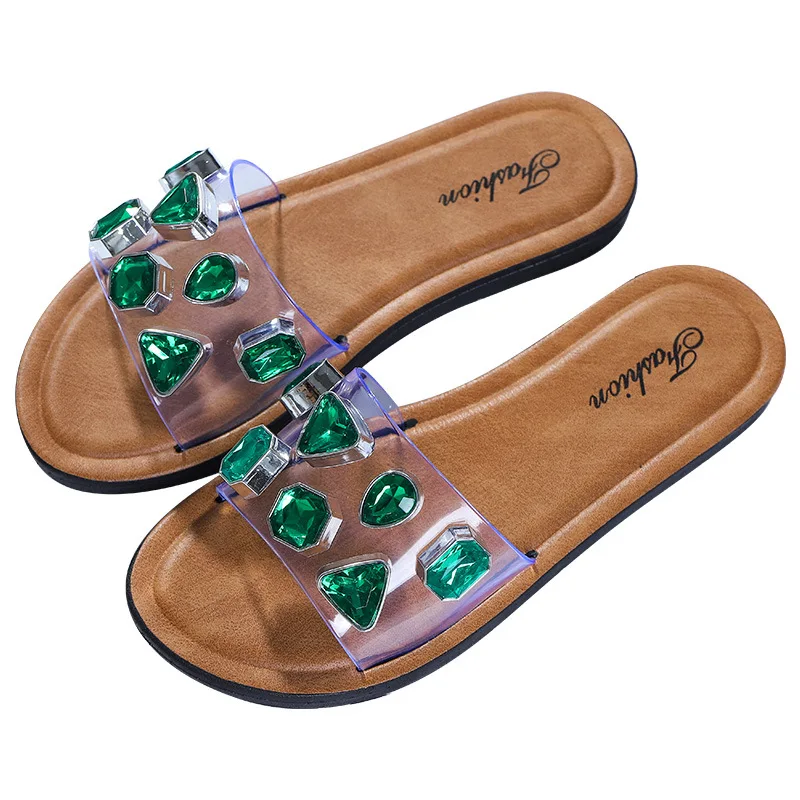 

Women's Slippers with Glittering Rhinestones Lightweight Flat Heel Open-toed Slippers New Outdoor Ladies Shoes Zapatos De Mujer