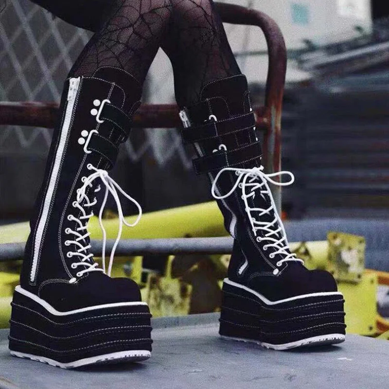 

Ladies Punk Zipper Female Shoes Plus Size 2022 New Women Boots Sexy Women's Long Boots Lace Up Boots Women Thick Platform Shoes