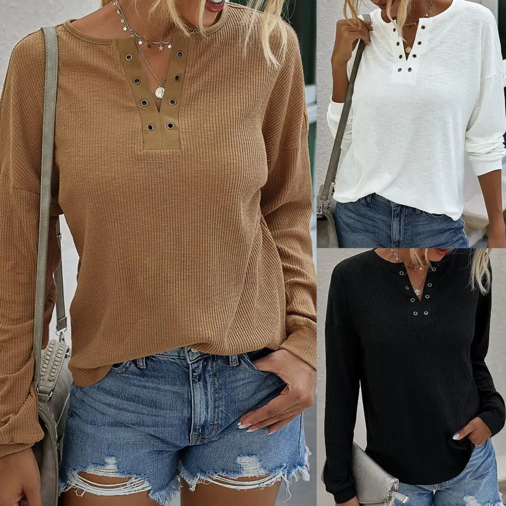 

Casual Women Solid Color Knitwear Hollow V Neck Long Sleeve Blouse Top Pullover