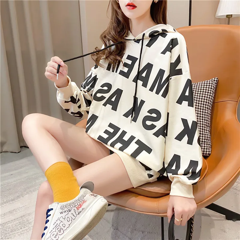 

Plus Size Women's Loose Tide 2021 Autumn Hooded Sweater Ladies Letter Printing Long-sleeved Pullover Kawaii Clothing Aesthetic