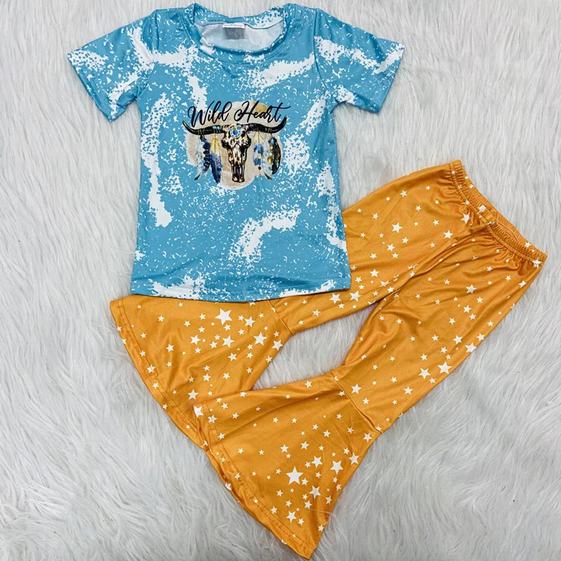 

Top sale toddle girls cow head short sleeve top + bell bottom pants outfits baby summer clothes kids boutique outfit