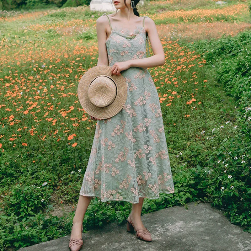 PERHAPS U зеленое Сетчатое кружевное платье с цветочным принтом на бретельках без