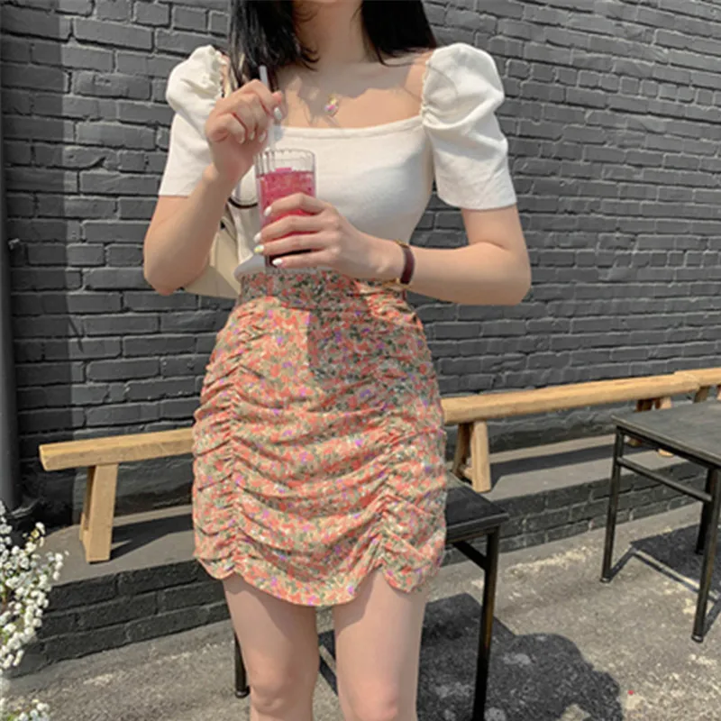 

Sexy 2 Piece Set Women Summer Puff Sleeve Square Neck White Blouse and High Waist Floral Print Vintage Mini Skirt Elegant Sets