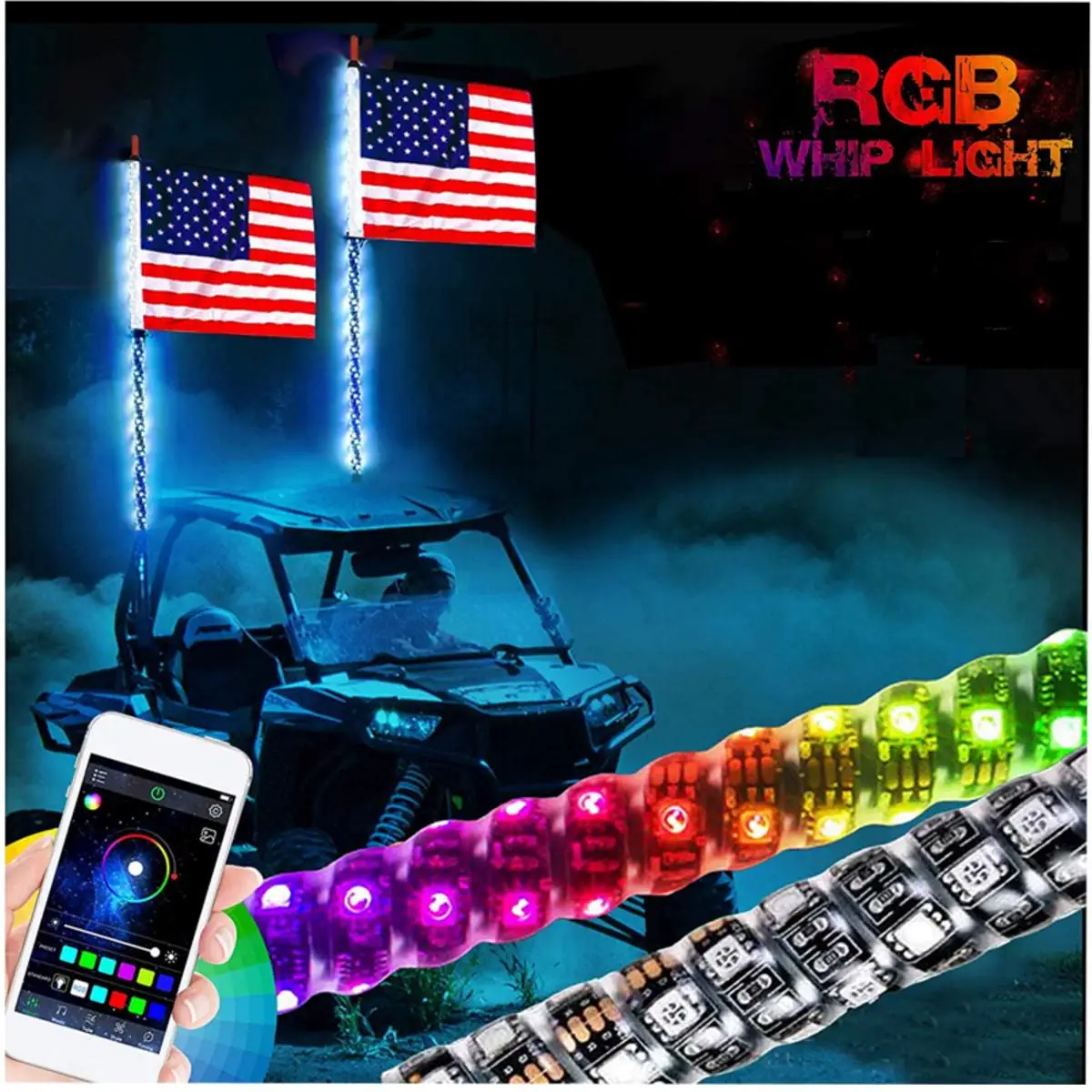 

3/4/5FT RGB Waterproof Bendable Wireless Remote Control Super Bright LED Flagpole Lamp Light APP Bluetooth Remote Control