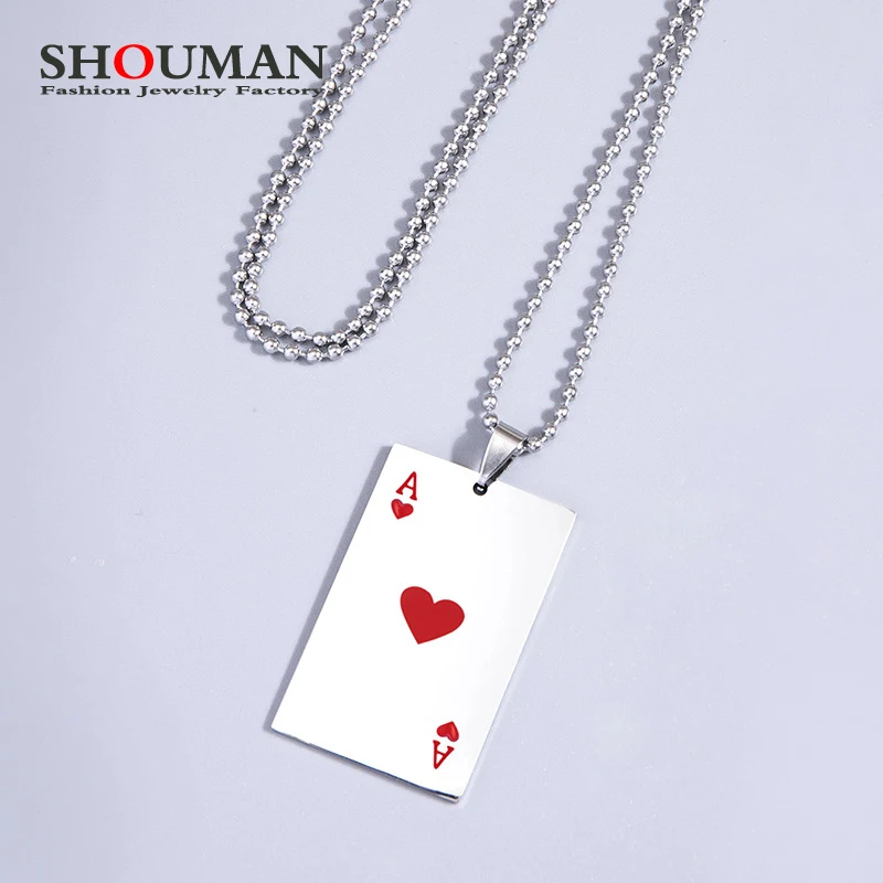 

SHOUMAN Lucky Ace Of Spades Mens Necklace Silver Color Tone Poker Pendant for Male Stainless Steel Casino Fortune Playing Cards