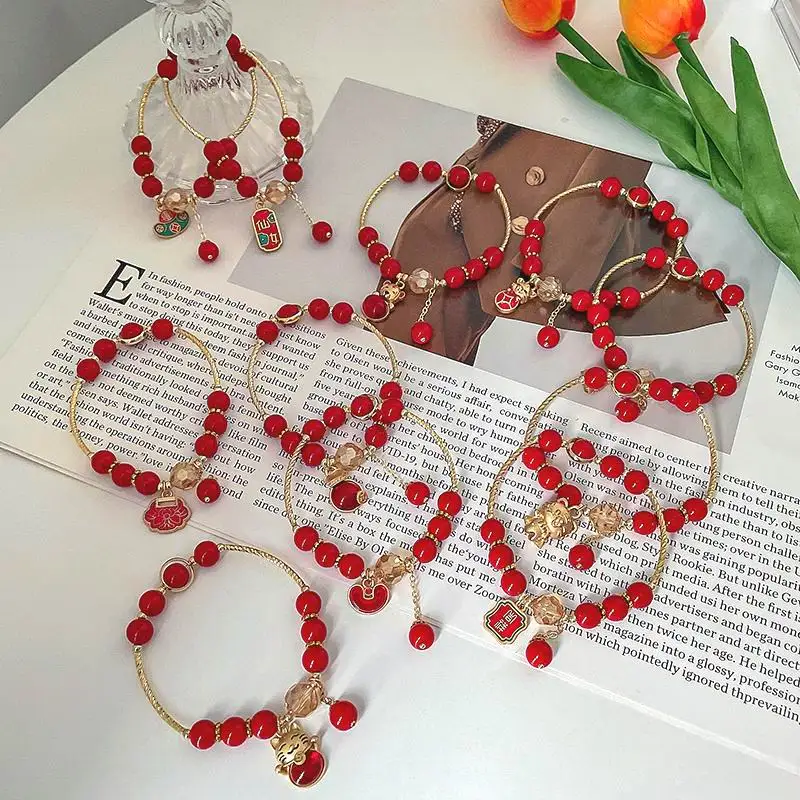 

2022 Korean New Trendy Lucky Bracelets For Women Girls Tiger Charms Red Crystal Beaded Bracelets & Bangles Gifts