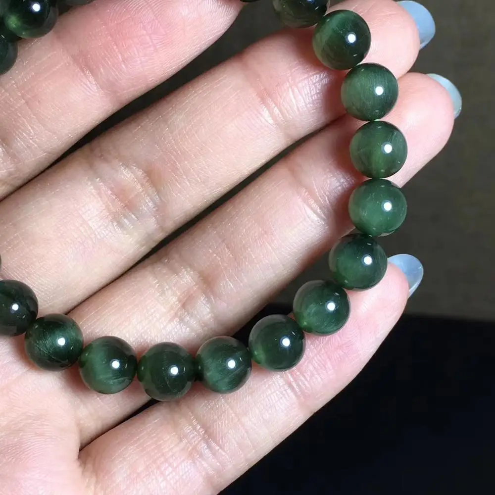 

8.2mm Natural Green Rutilated Quartz Cat Eye Gemstone Bracelet From Brazil Women Men Stretch Crystal Round Bead Bracelet AAAAA